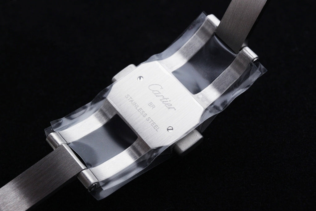 Cartier watch bracelet with metal links and clasp, engraved back plate
