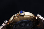 Cartier watch blue jeweled crown on gold-tone caseback, detailed controls