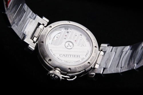 Cartier automatic wristwatch caseback in stainless steel, visible markings and bracelet links.