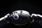 Cartier watch caseback with visible blue screw caps and stainless steel bracelet links.