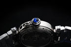 Cartier watch caseback with prominent blue screw and stainless steel band links.