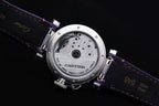 Cartier watch caseback on purple leather strap, engraved metal back plate