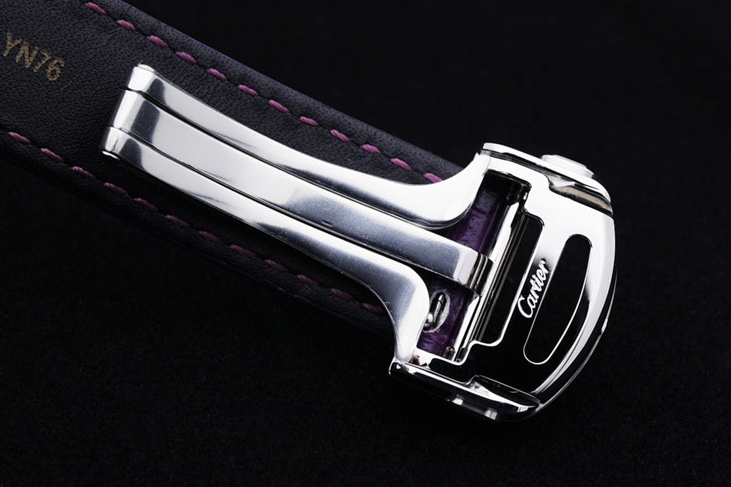 Cartier watch clasp on purple leather strap, silver buckle and hardware