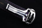 Cartier watch clasp on purple leather strap, silver buckle and hardware