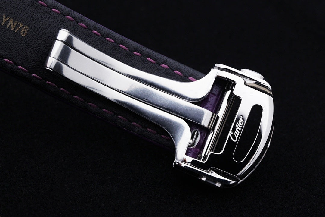 Cartier watch clasp on purple leather strap, silver buckle and hardware