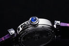 Cartier watch case with blue jewel and purple leather strap, close side view