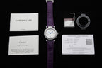 Cartier watch set with purple strap, box card, warranty card, and key fob tag