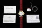 Cartier watch with red leather strap plus care and warranty documents and tag