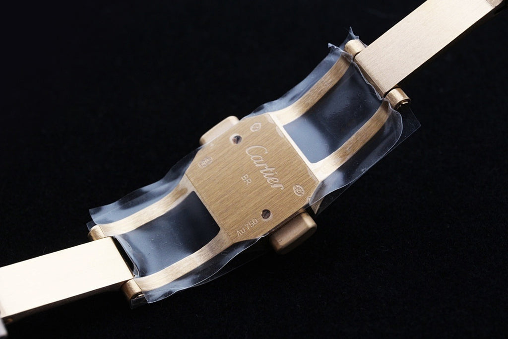 Gold watch clasp with engraved plate and metal link bracelet