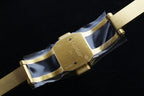 Gold-tone watch strap with clasp and engraved metal buckle