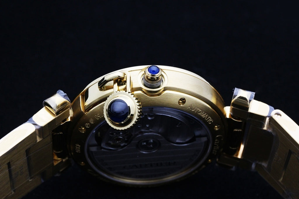 Gold-tone watch case with blue crown and pushers, metal bracelet