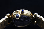 Gold-tone watch case with blue crown and pushers, metal bracelet
