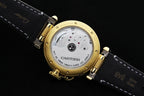Cartier watch back view with gold case, see-through dial, and gray leather strap