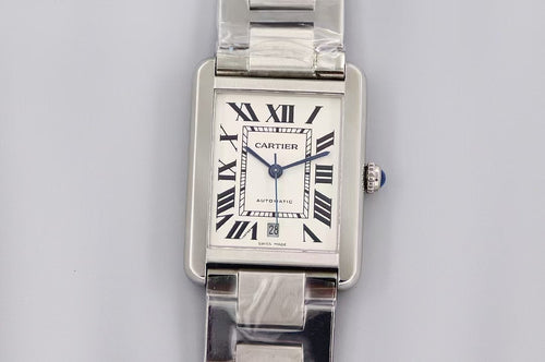 Cartier wristwatch with silver-tone bracelet, rectangular face, Roman numeral dial