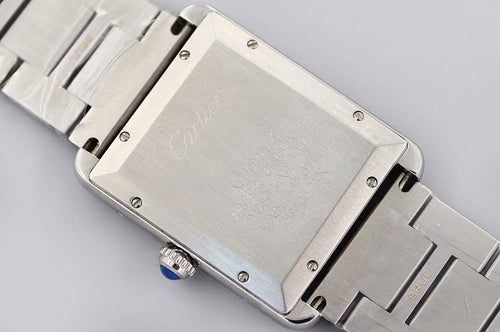 Cartier wristwatch case and clasp, brushed silver metal with screw details