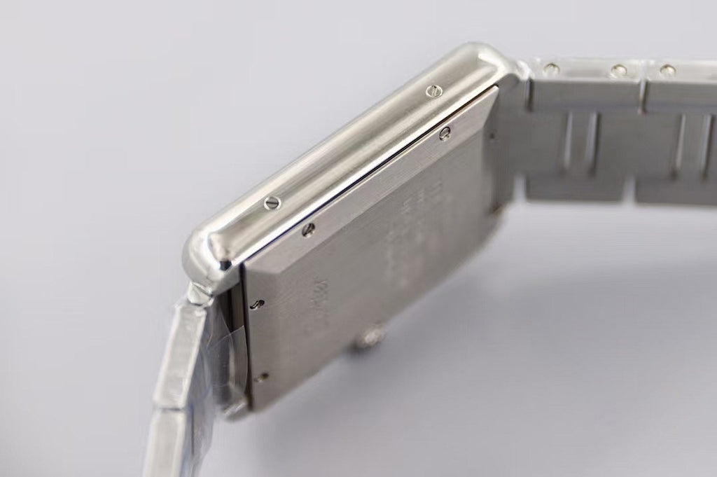 Cartier wristwatch side profile, square silver case with crown guard