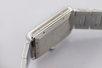 Cartier wristwatch side profile, square silver case with crown guard