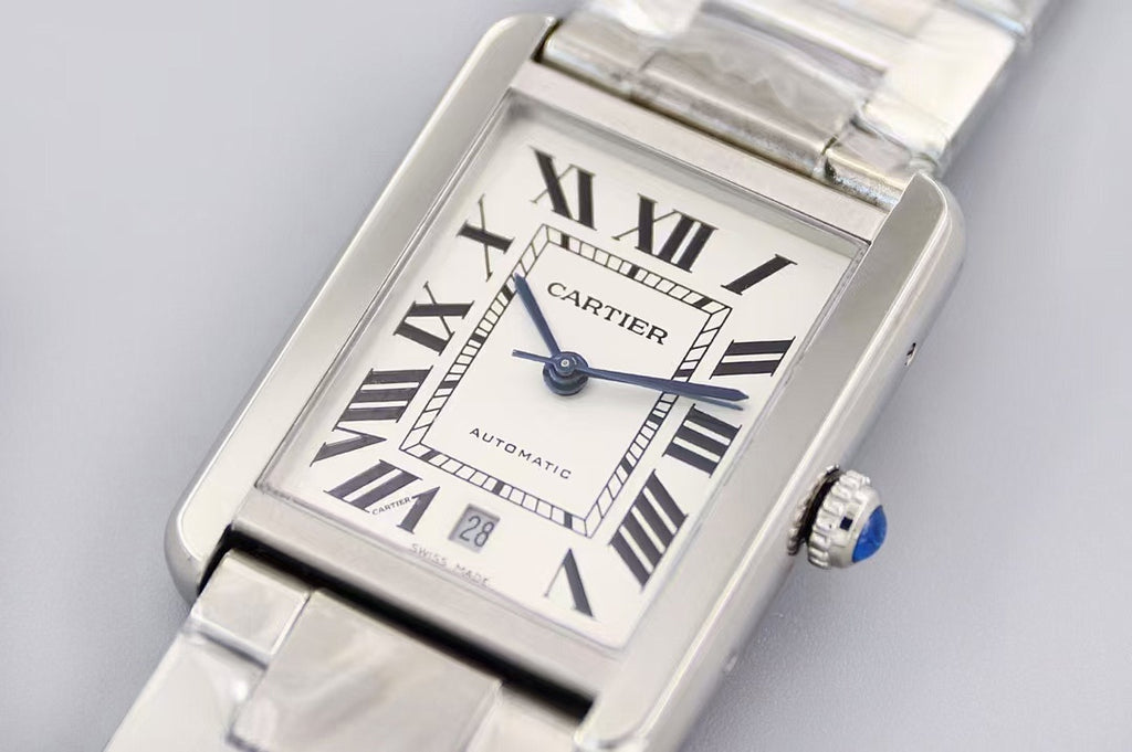 Cartier wristwatch front view, rectangular silver case with Roman numeral dial