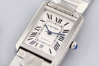 Cartier wristwatch front view, rectangular silver case with Roman numeral dial