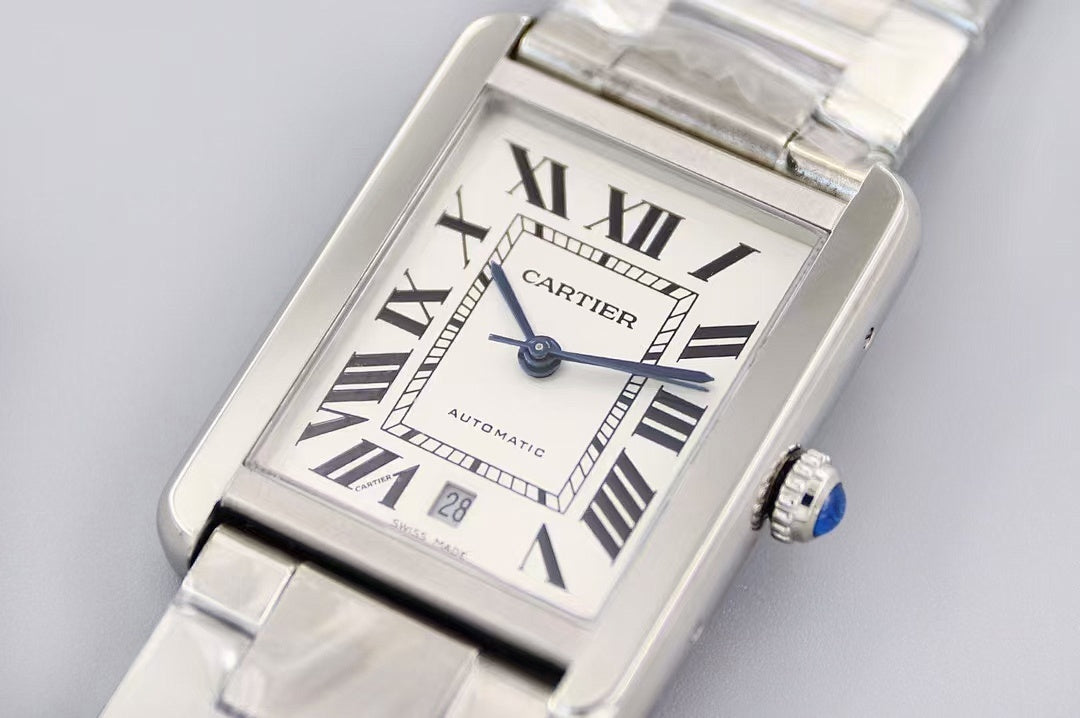 Cartier wristwatch front view, rectangular silver case with Roman numeral dial