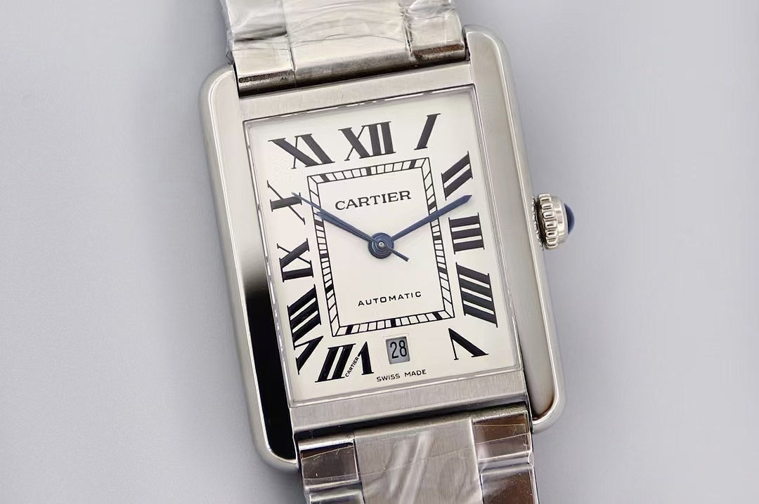 Cartier wristwatch front view with Roman numeral dial and date window at 6