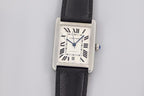 Cartier rectangular silver watch with white dial, Roman numerals, black leather strap