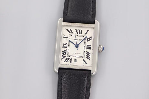 Cartier rectangular silver watch with white dial, Roman numerals, black leather strap