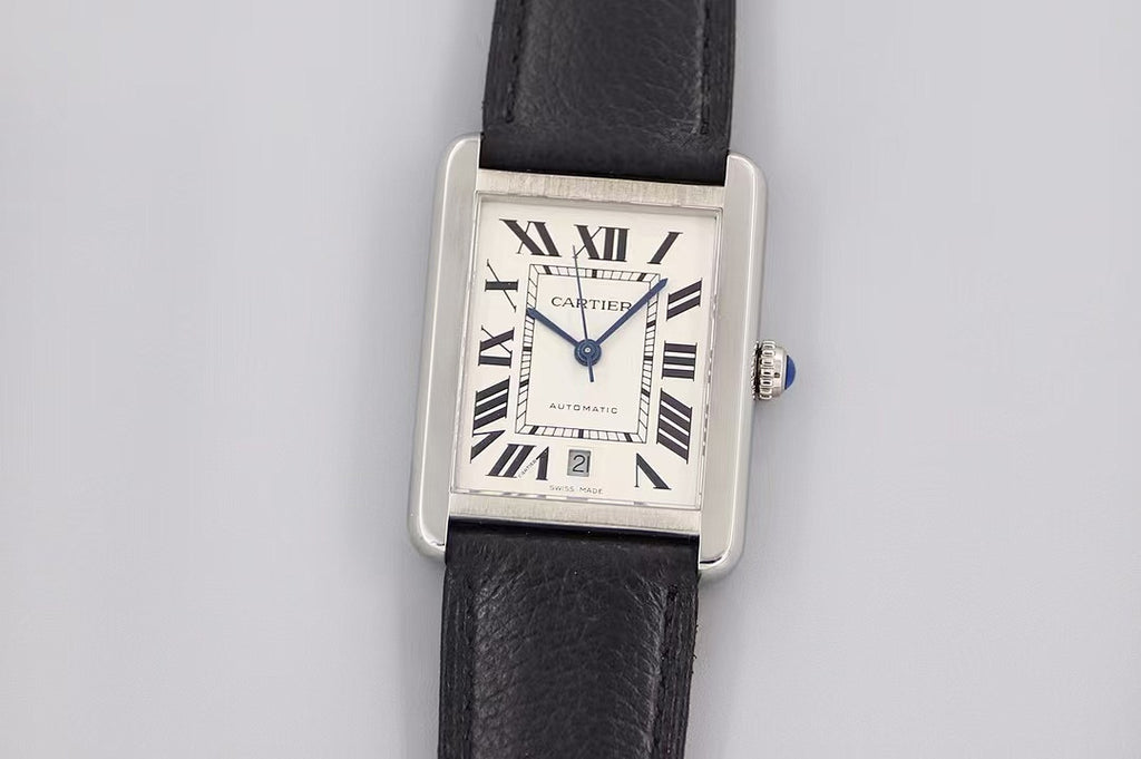 Rectangular silver watch with white dial, Roman numerals, black leather strap