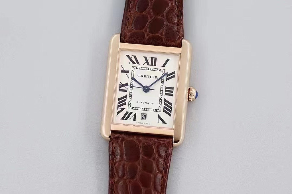 Rectangular Cartier wristwatch with white dial and dark brown leather strap