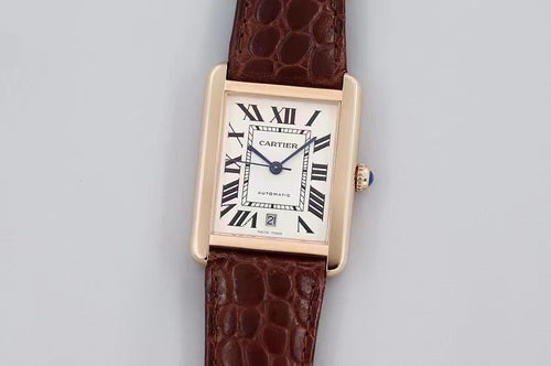 Rectangular Cartier wristwatch with white dial and dark brown leather strap