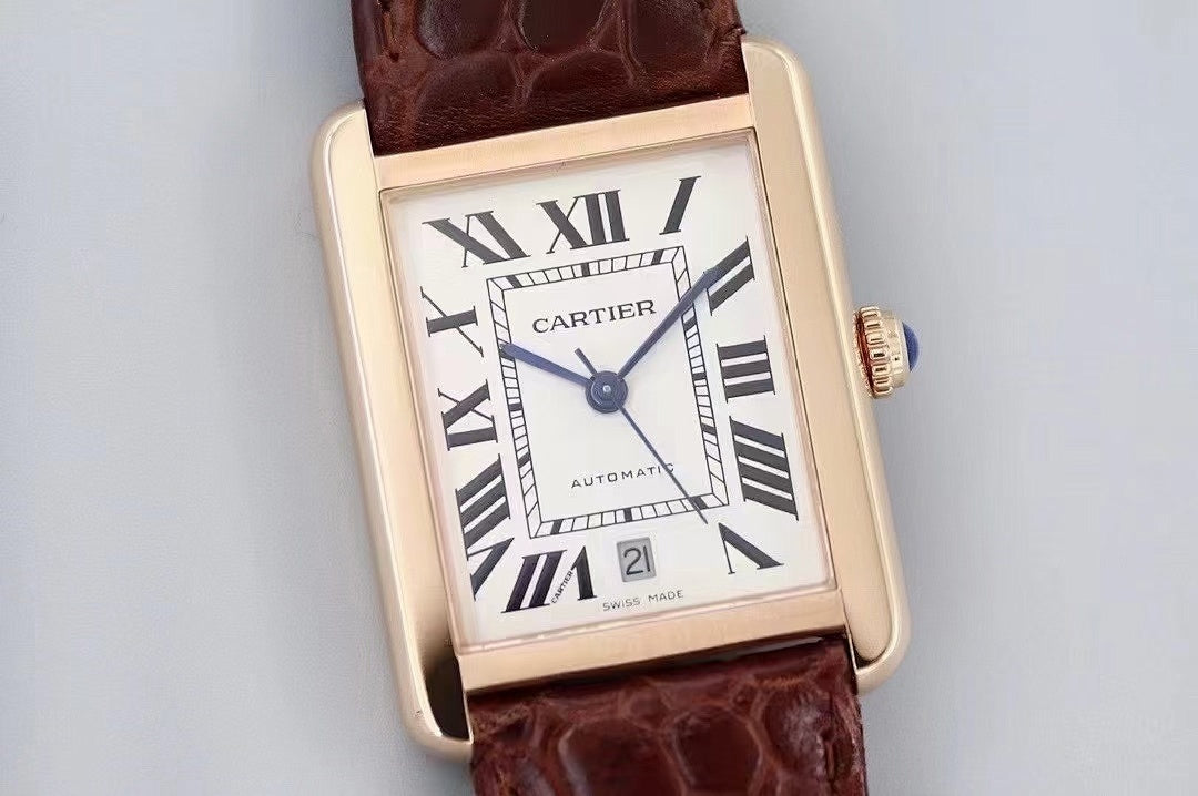 Cartier wristwatch on brown leather strap with Roman numeral dial and gold-tone case