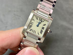 Cartier rectangular wristwatch with silver stainless bracelet, Roman numeral dial, blue crown.