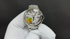 Cartier stainless steel wristwatch with white dial, Roman numerals and subdials
