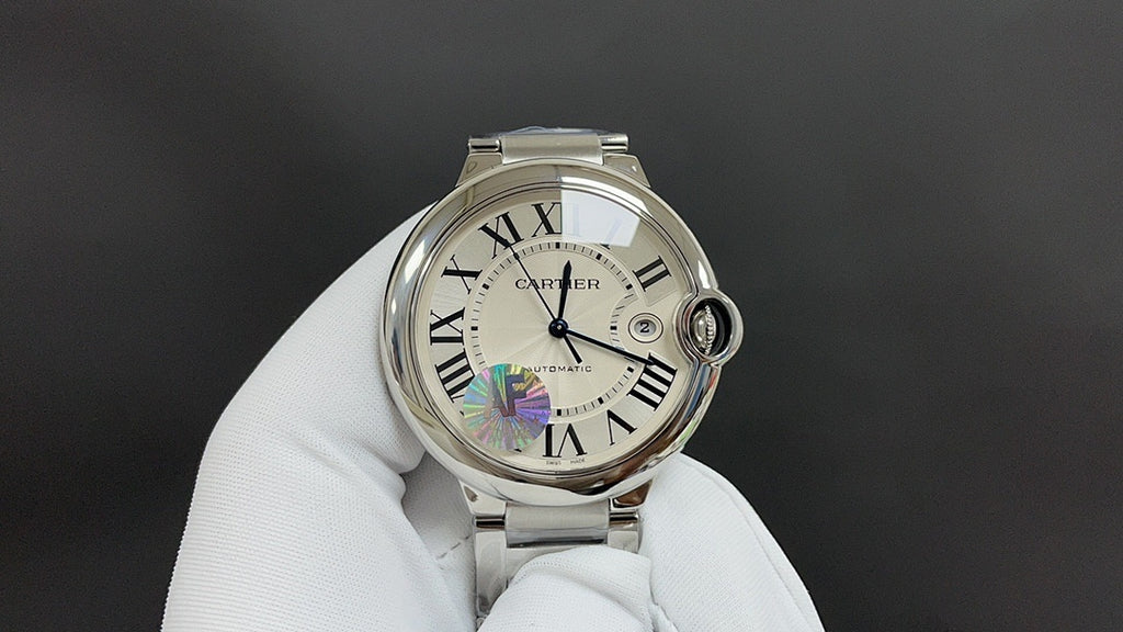 Cartier wristwatch with silver metal bracelet, white Roman numeral dial, crown at 3