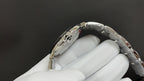 Wristwatch case back and bracelet angled view, metal links with engraved details