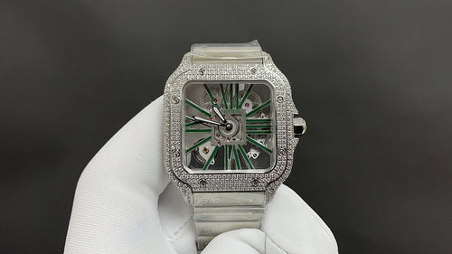 Cartier square diamond watch with green skeleton dial and steel bracelet