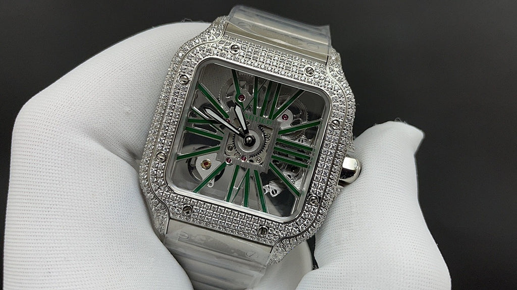 Cartier square diamond watch with green skeleton dial and steel bracelet