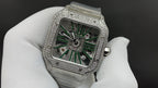 Cartier square diamond watch with green skeleton dial and steel bracelet