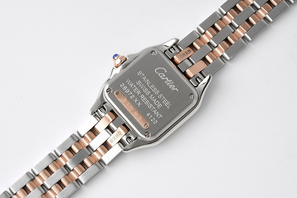 Cartier watch case and bezel with two-tone link bracelet, view from back