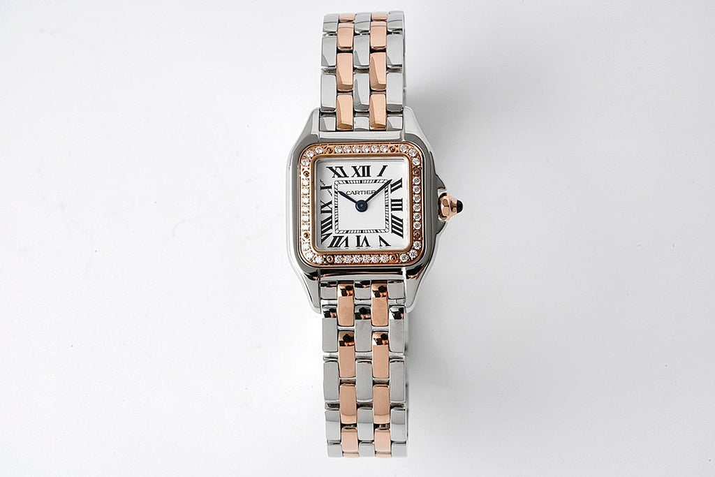 Cartier watch on two-tone metal bracelet with square diamond-set bezel and Roman dial