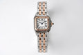 Cartier watch on two-tone metal bracelet with square diamond-set bezel and Roman dial