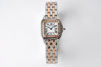 Cartier watch on two-tone metal bracelet with square diamond-set bezel and Roman dial