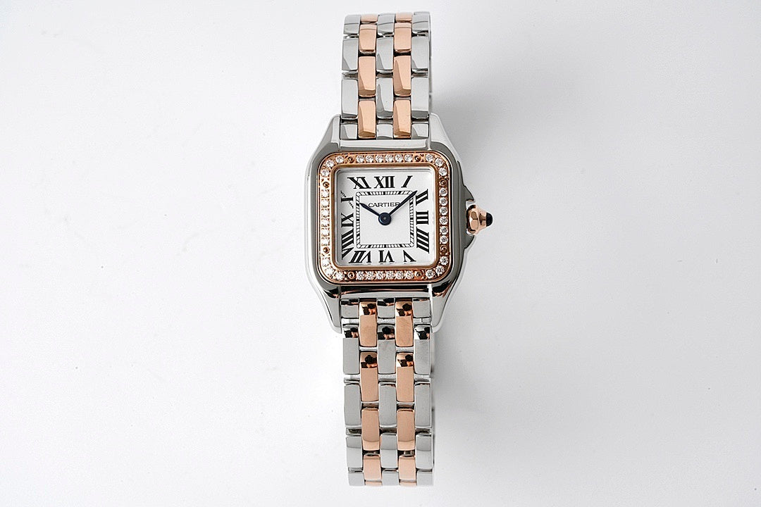 Cartier watch on two-tone metal bracelet with square diamond-set bezel and Roman dial