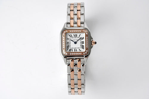 Cartier watch on two-tone metal bracelet with square diamond-set bezel and Roman dial