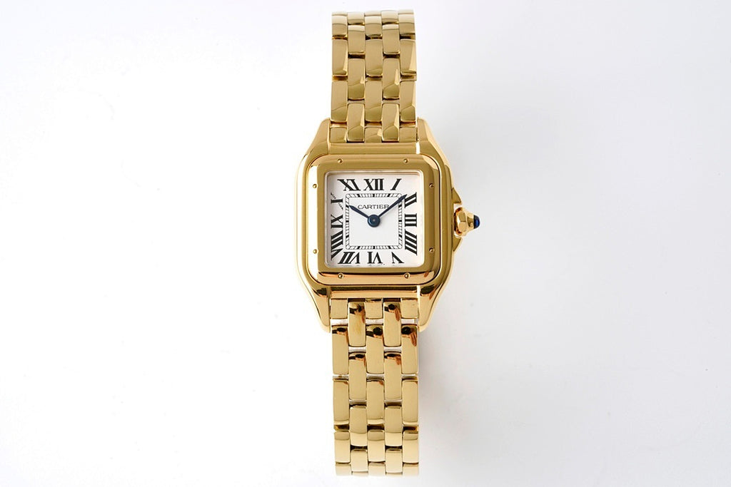 Gold-tone Cartier Tank watch with rectangular case and metal link bracelet