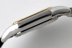 Cartier watch side profile with polished gold-accented case and stainless steel body
