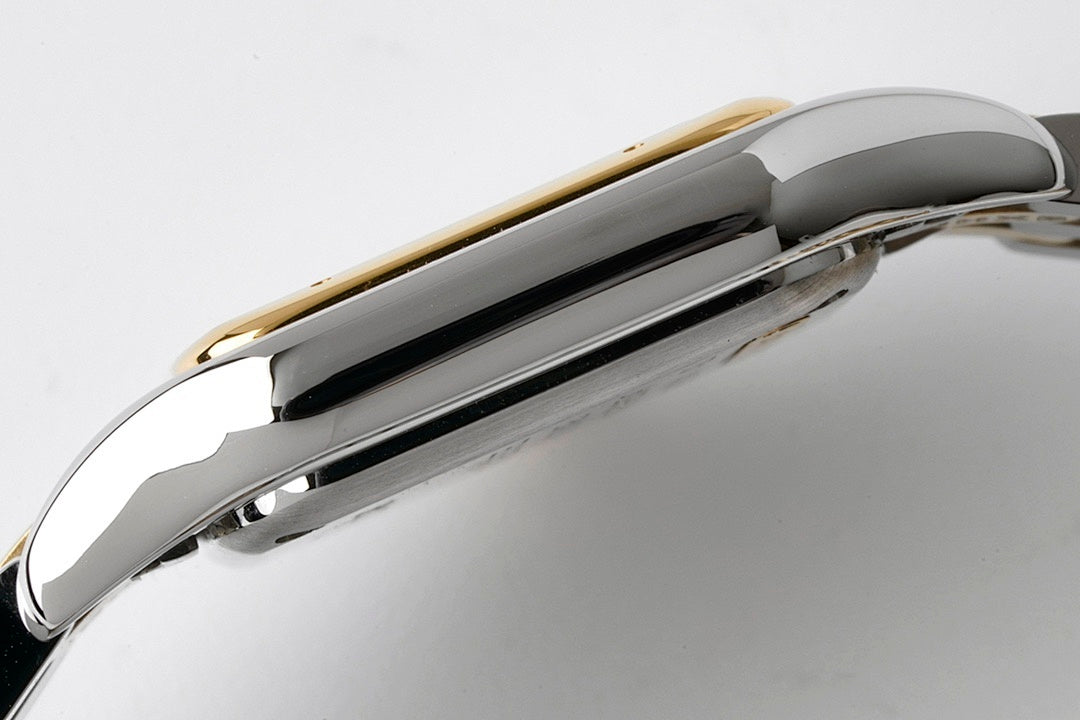 Cartier watch side profile with polished gold-accented case and stainless steel body