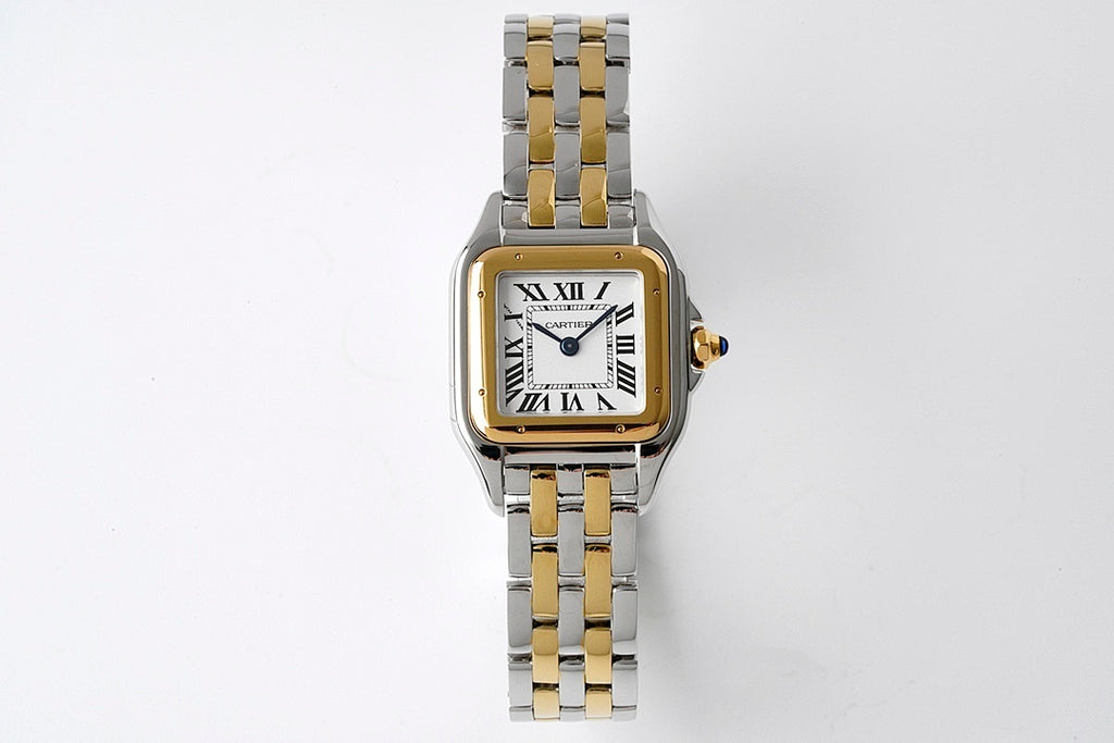 Cartier watch with gold and stainless steel bracelet, rectangular case, white dial