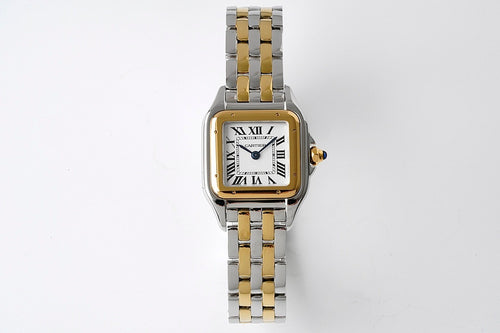 Cartier watch with gold and stainless steel bracelet, rectangular case, white dial
