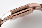 Cartier watch side profile with rose gold-tone case and smooth polished edges.